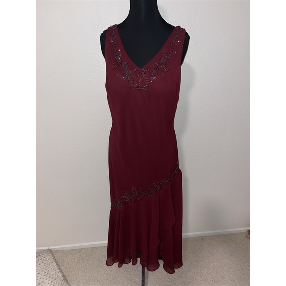 Fiesta Fashion Dresses & Skirts - Vintage Fiesta Beaded Burgundy Dress Sz L Asymmetrical Chiffon Party Dress